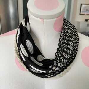 Laura Contemporary Polka Dot Pleated Scarf Accordion Style Blk Wht Tan OS